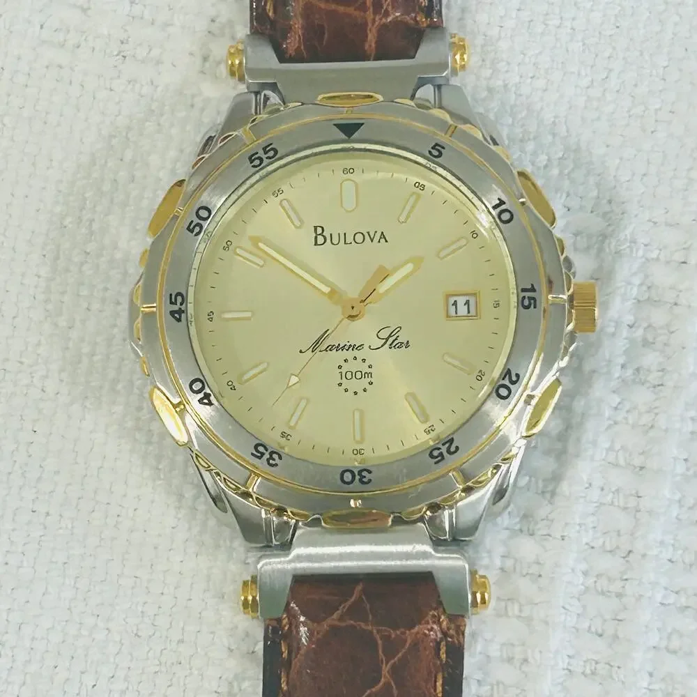 Bulova Marine Star Ladies Watch Quartz 37mm 2 Tone Leather Strap Vintage